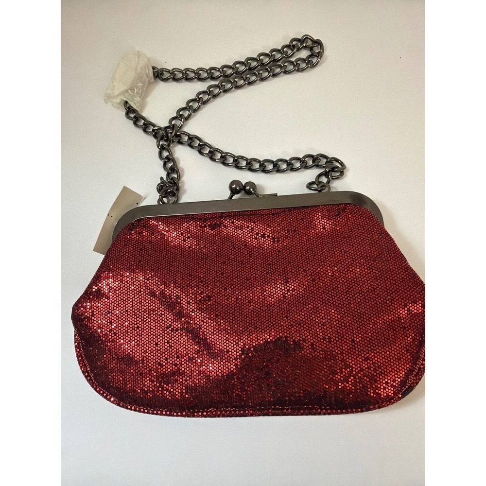 NWT Express Red Sequin Evening Clutch Bag Gunmetal Chain Strap 8"